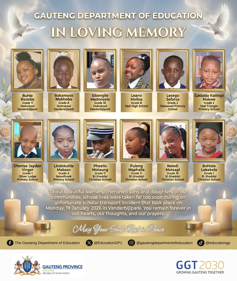 Names & Grades Of The Learners Who Died At The Vanderbijlpark Accident